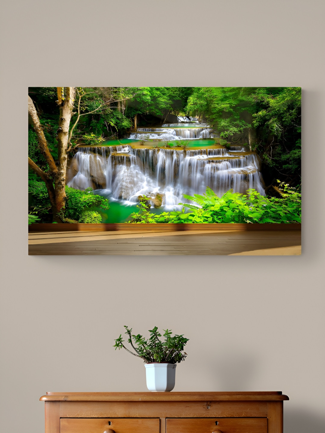 Tushaco Handicrafts Green & White Waterfall Canvas Wall Art