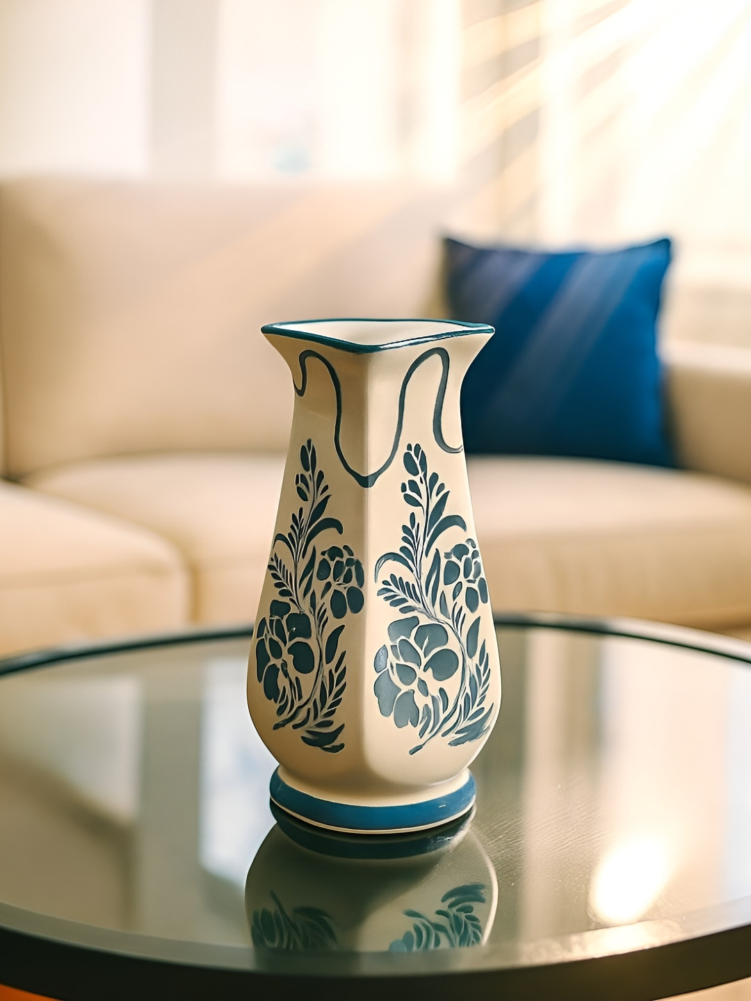 GLOBALLY INDIAN White & Blue Floral Printed Ceramic Flower Vase