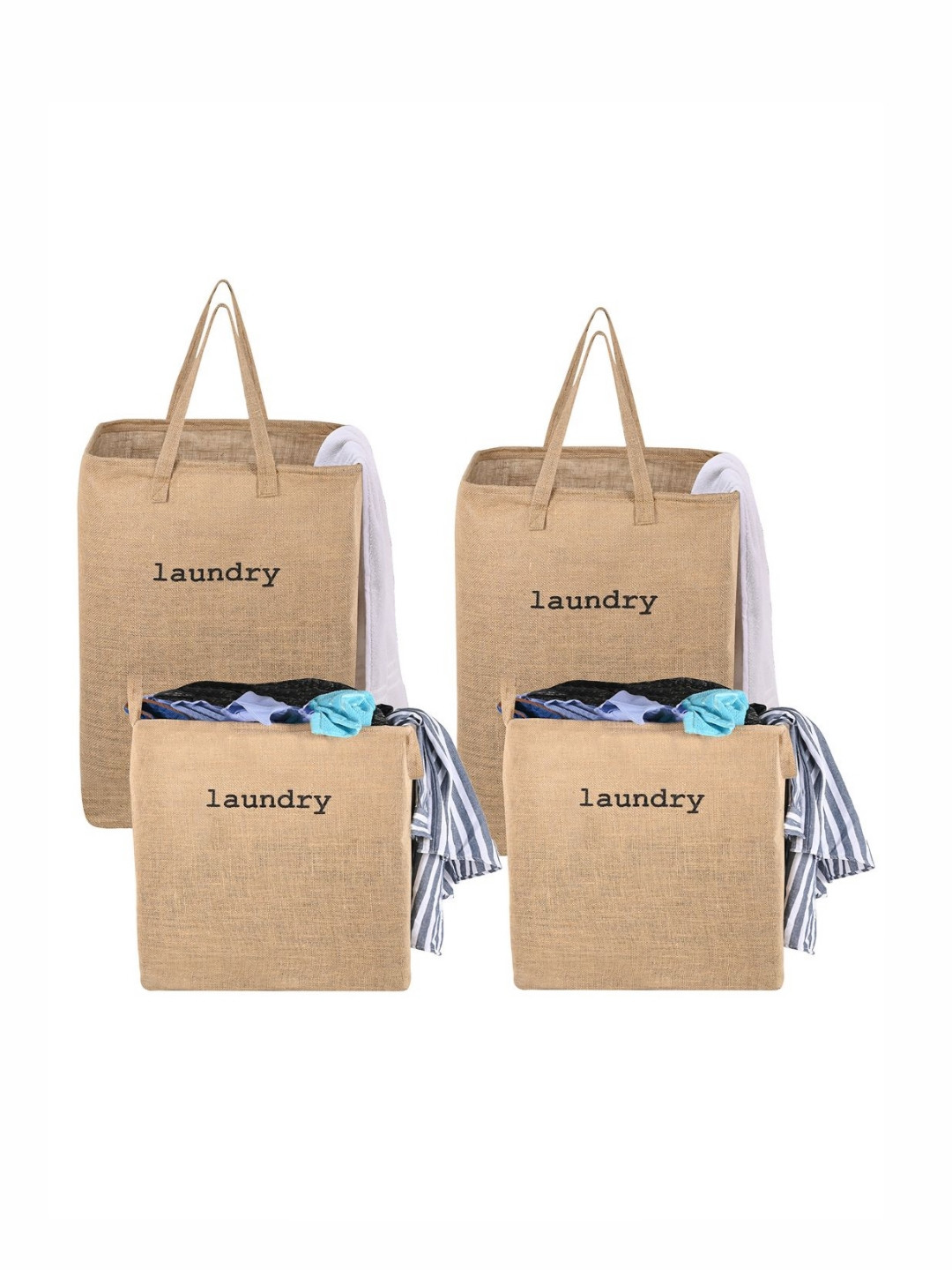 Aura 4Pcs Brown & Black Printed Jute Foldable Laundry Bags With Handles - 75 L & 55 L Each