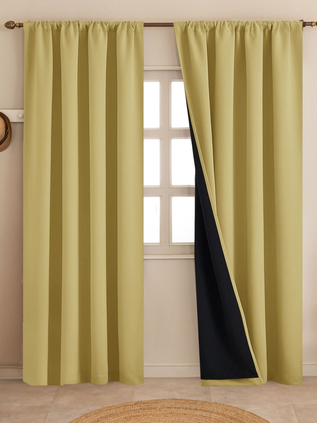 HOMEMONDE Black Gold-Toned 2 Pieces Blackout Door Rod Pocket Curtains