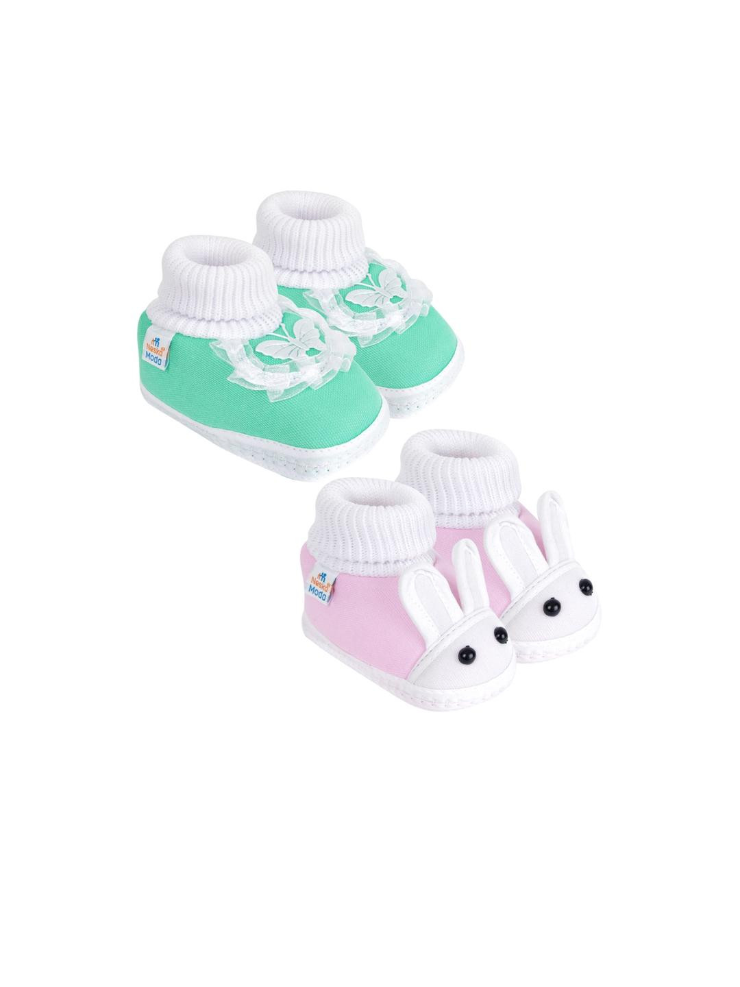 Neska Moda 3 To 12 Months Cotton Baby Booty 2 Pair Combo Skin Friendly Butterfly Rabbit Booties (Toe to Heel Length - 12 cm, Light Green, Baby Pink)