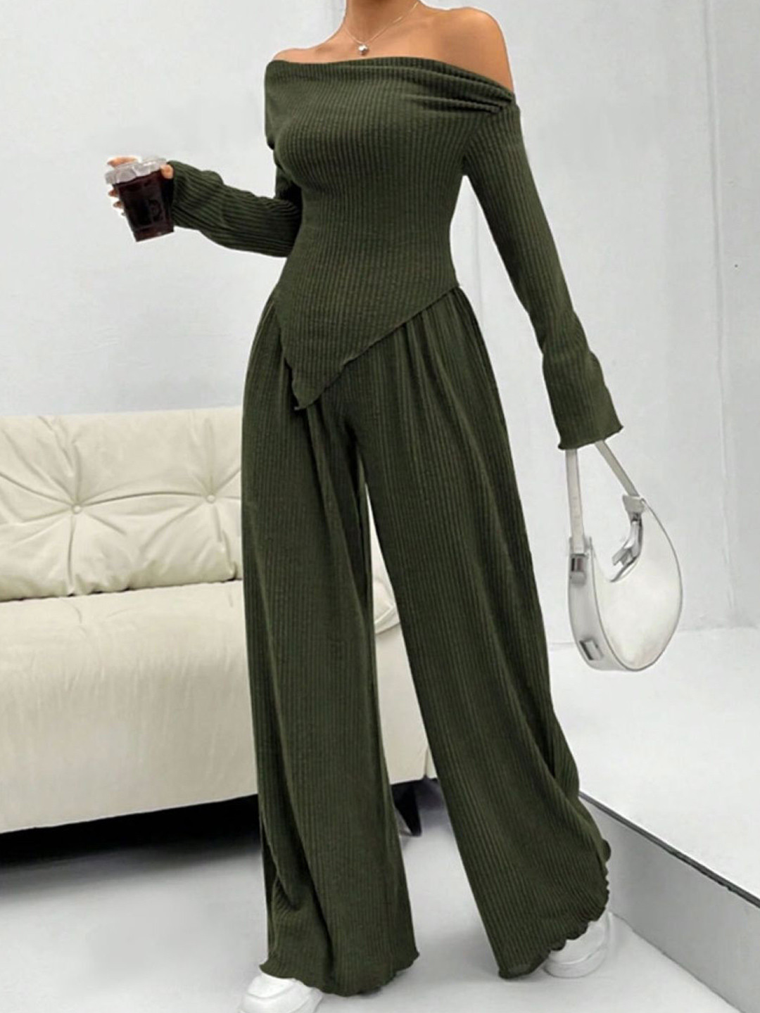 KPOP Off-Shoulder Long Sleeves Top & Trousers Co-Ords