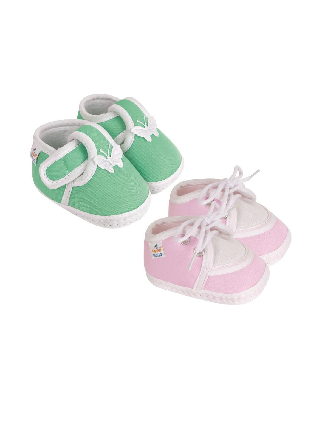 Neska Moda Newborn 2 Pair Set 3 To 12 Month Unisex Baby Cotton Butterfly Design Soft Lace Booties (Toe to Heel Length - 12 cm, Mint, Baby Pink)