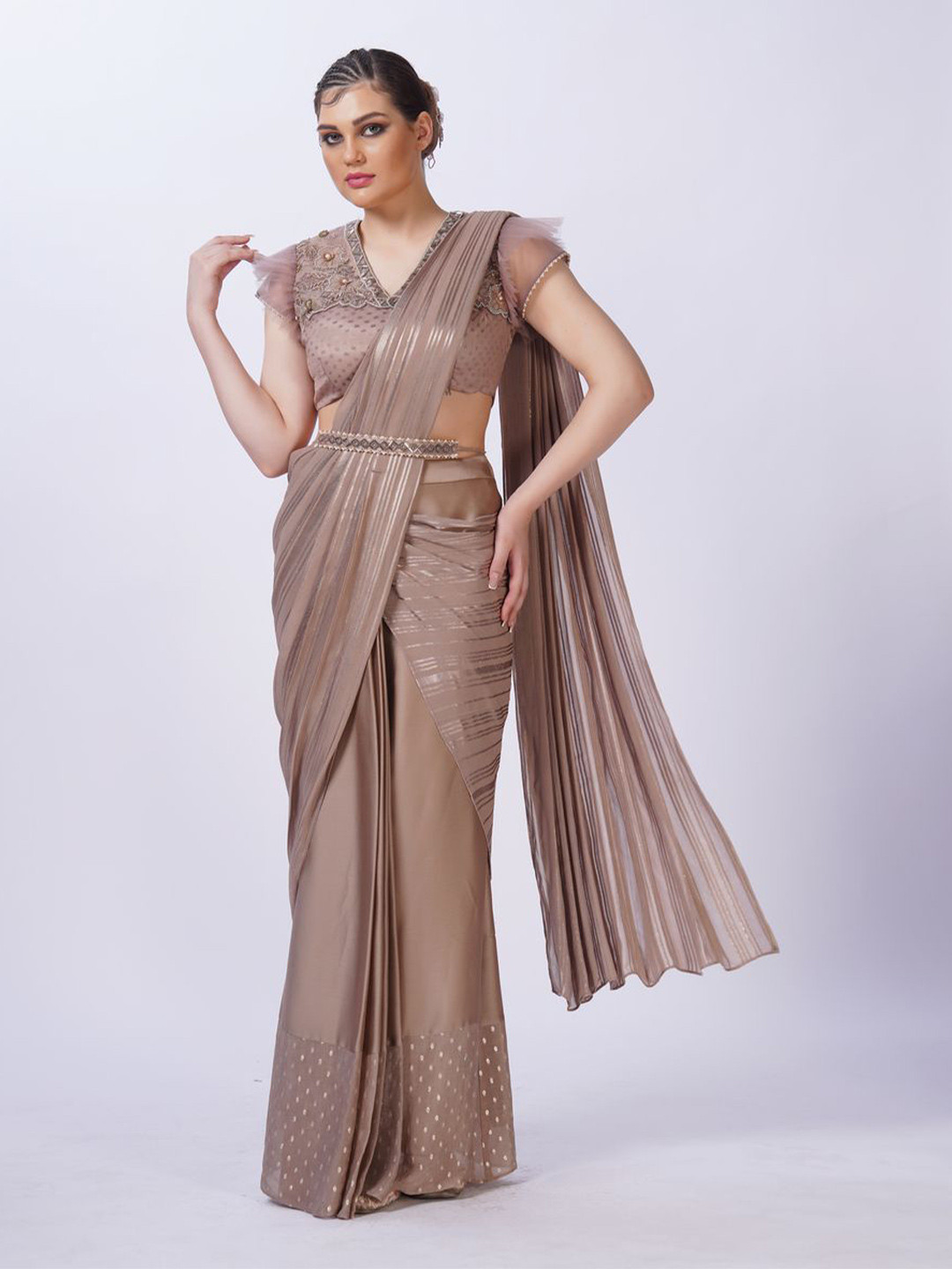 MERGE DESIGN Striped Satin Saree With Embellished Blouse
