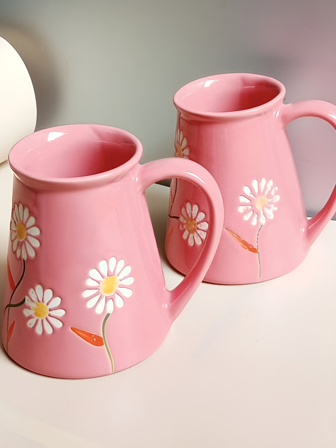 Lupaava Pink & White Handcrafted and Hand Painted Printed Ceramic Glossy Cups and Mugs
