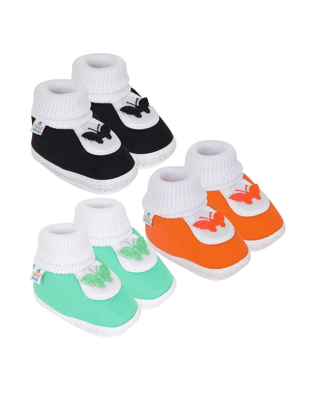 Neska Moda 0 To 12 Months Baby Boys & Baby Girls Pack of 3 Pair Soft Cotton Butterfly Baby Booties (Toe to Heel Length - 12 cm, Black, Light Green, Orange)