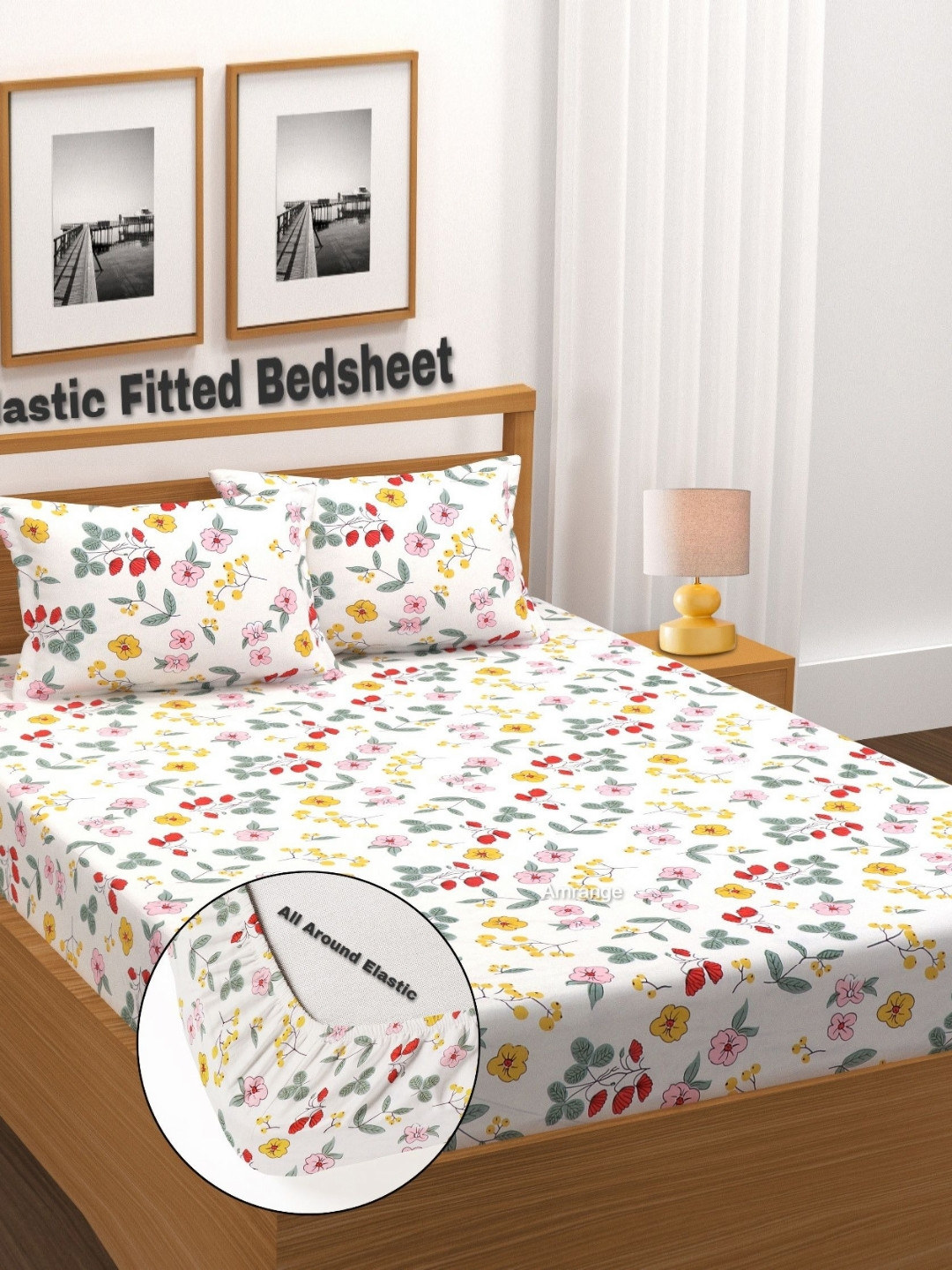 AMRANGE White & Pink Printed Fitted Microfiber 210 TC Double King Bedsheet Set 1.8m x 1.9m