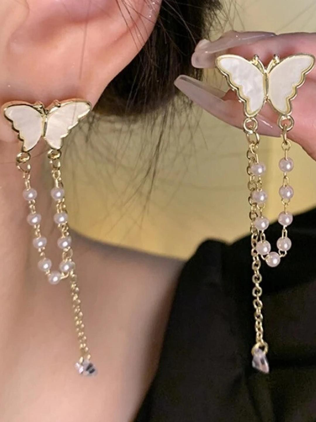 AKISON JEWELS White Butterfly Pearl Chain Dangle Earrings