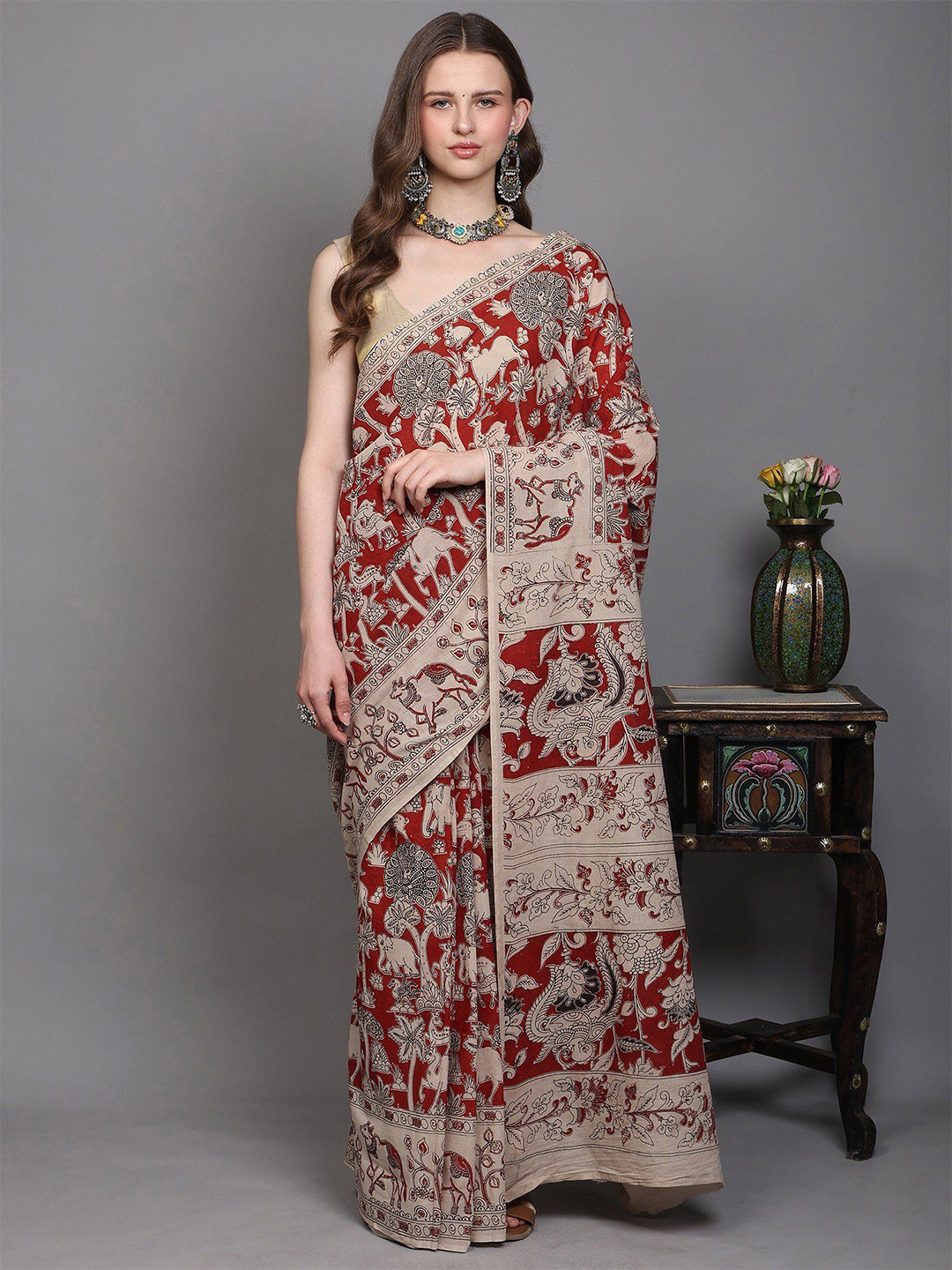 Exotic India Kalamkari Saree with Printed Jungle Scene and Nandi Ox Border from Telangana