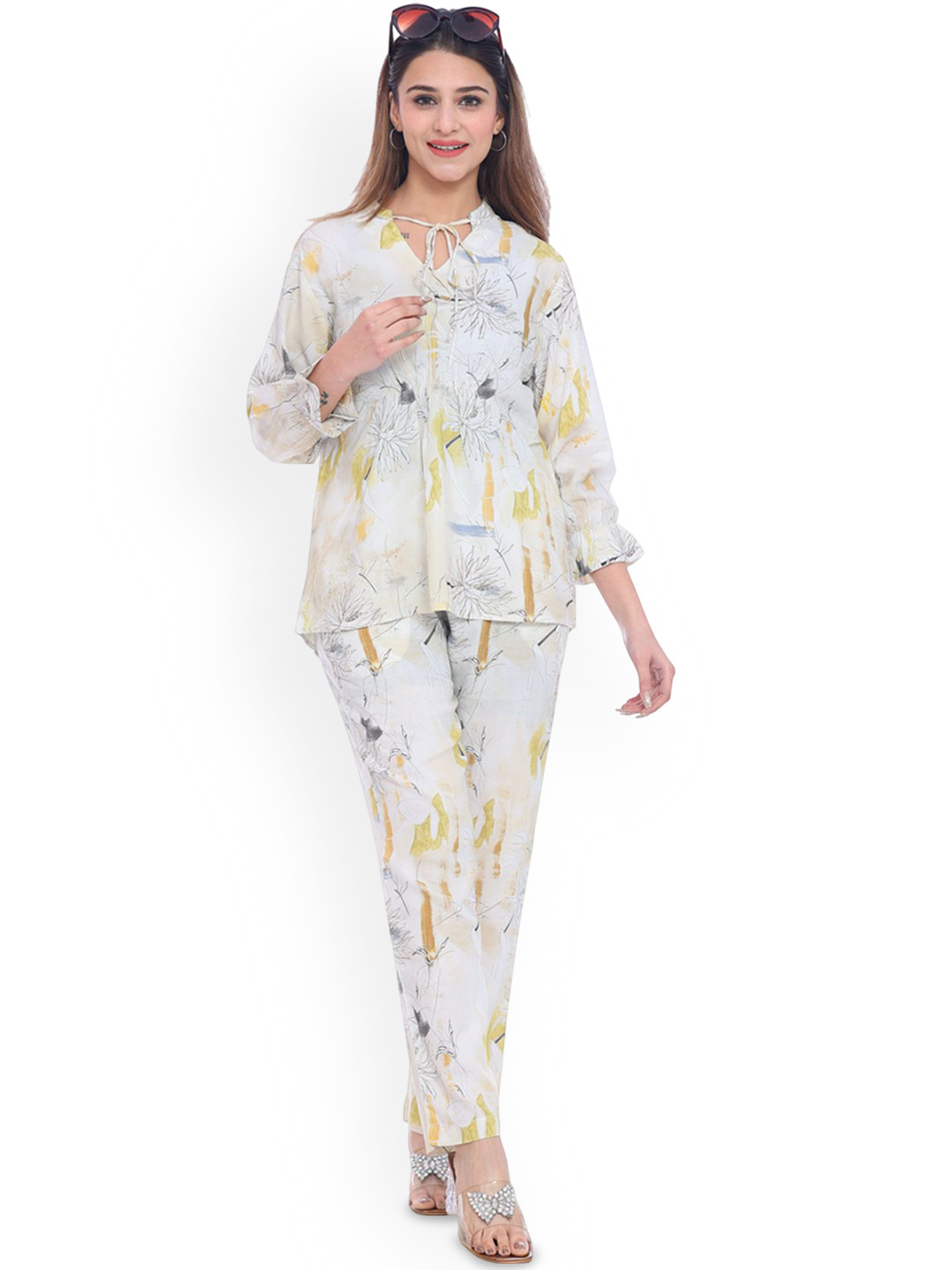 Moda Elementi Printed Pure Cotton V Neck Top With Trousers Co-Ords Set