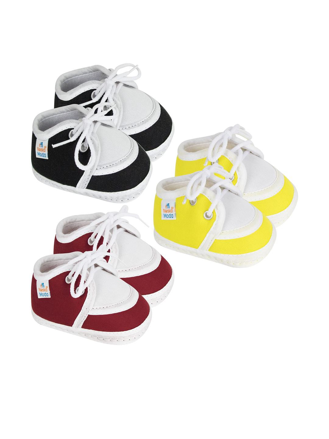 Neska Moda 0 To 12 Months Baby Boys & Baby Girls Pack of 3 Pair Combo Soft Cotton Lace Booties (Toe to Heel Length - 12 cm, Black, Maroon, Yellow)