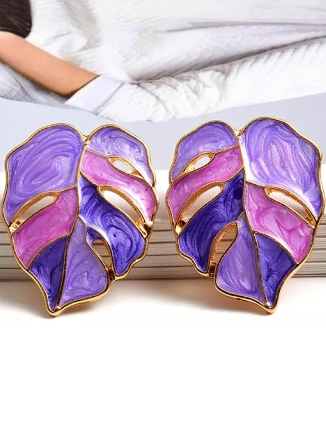 AKISON JEWELS  Women Gold-Toned Purple Handcrafted Leaf Shaped Stud Earrings