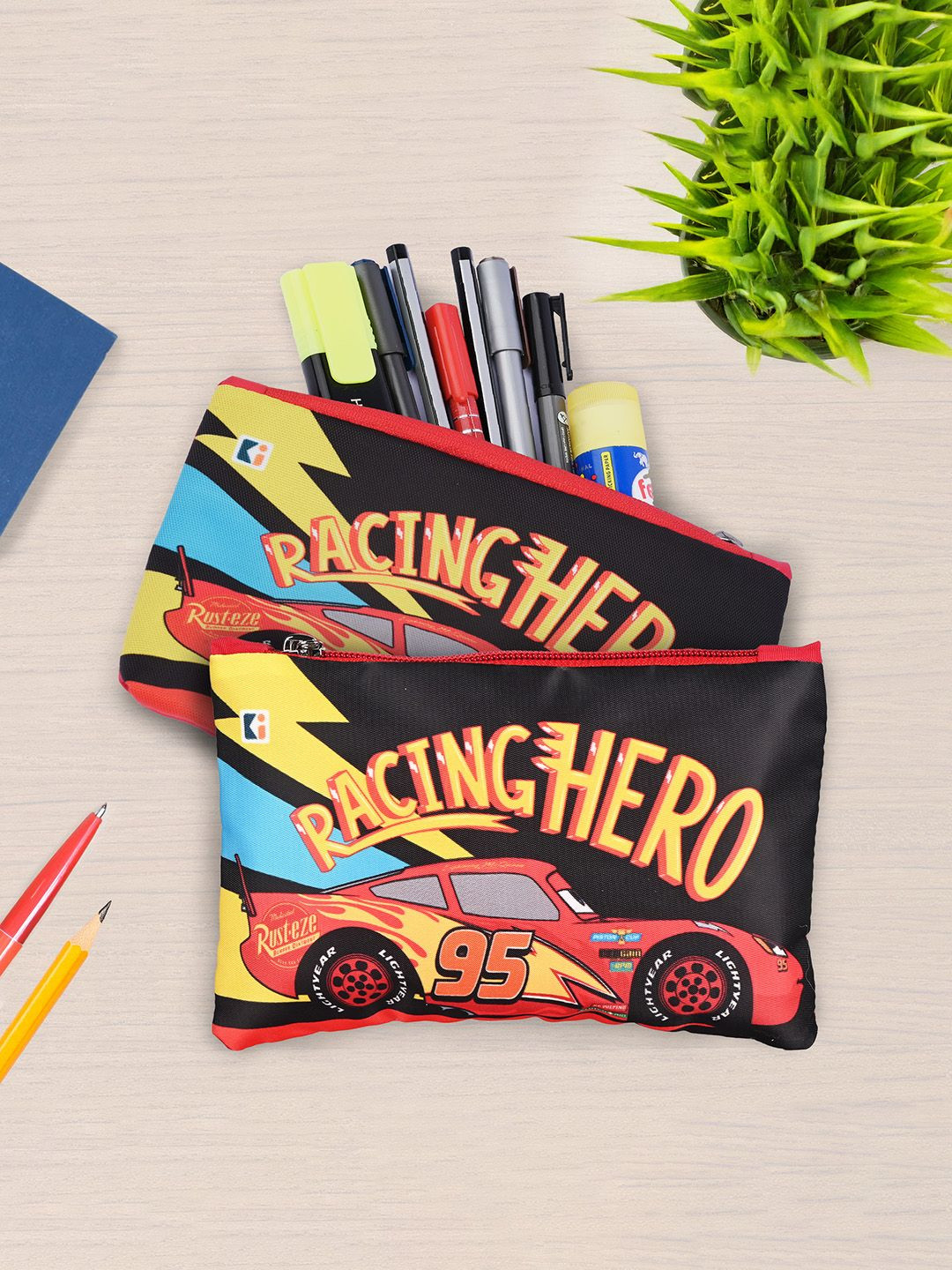 Kuber Industries Kids Set of 2 Racing Hero Square Printed Lightweight Pen & Pencil Pouchs