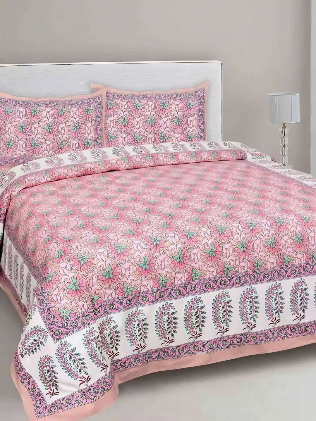 Bombay Spreads Pink & Off Printed Pure Cotton 180 TC King Bedsheet Set-2.74 m x 2.20 m