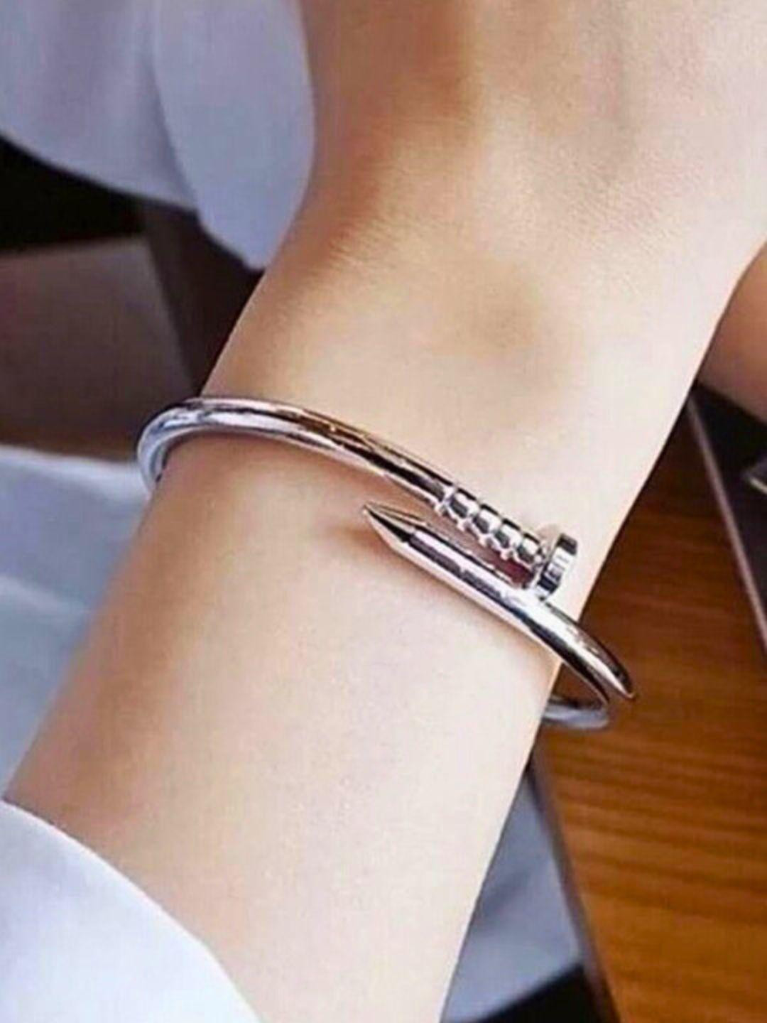Tipsy closet Women Stainless Steel Silver-Plated Nail Cuff Bracelet