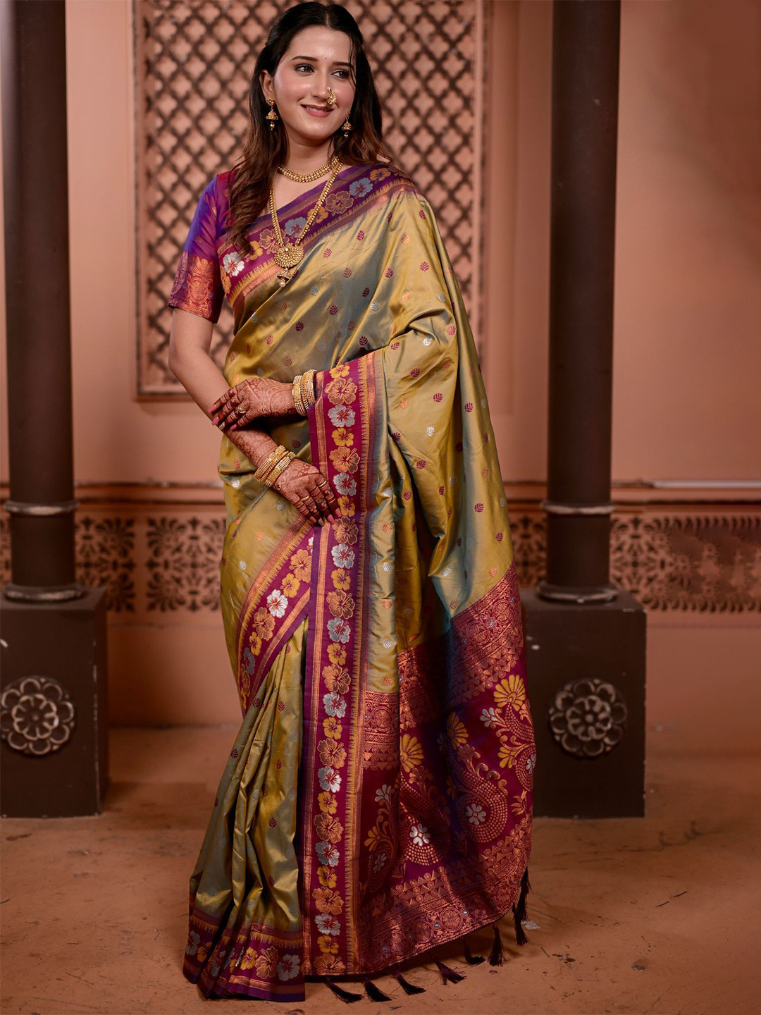 all about you Floral Woven Design Zari Pure Soft Silk Kanjeevaram Saree