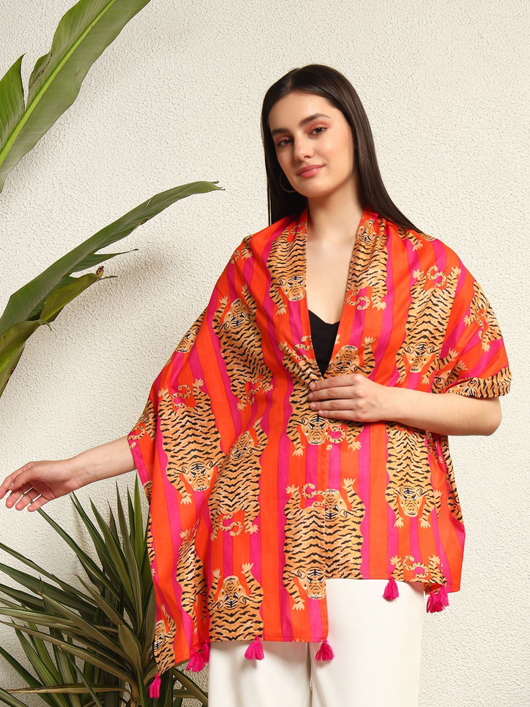 Ravaiyaa Tiger Hand Block Printed Cotton Tasseled Scarf