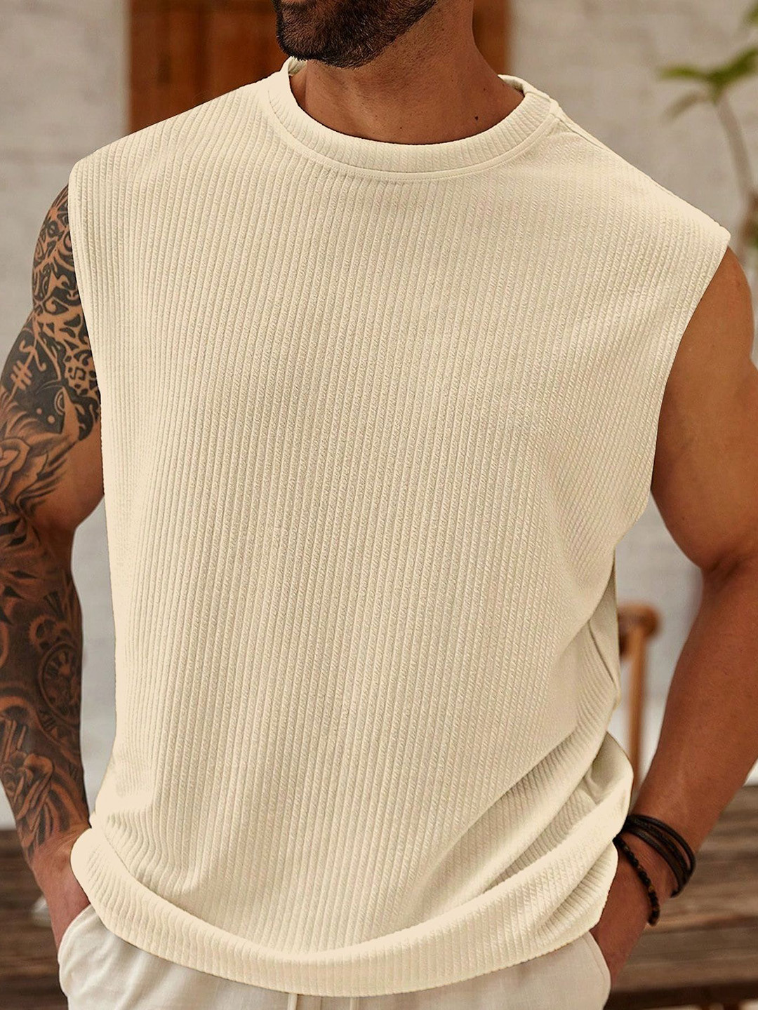 KAJARU Round Neck Basic Vest VESTCNTRS-4102-OFFWHITE-M