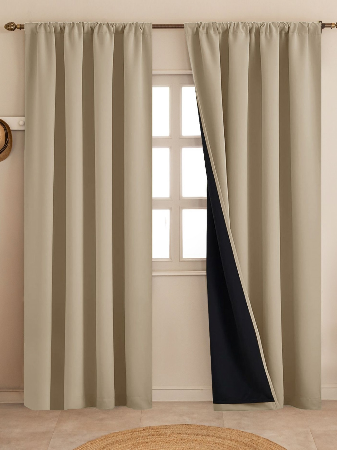 HOMEMONDE Beige 2 Pieces Blackout Long Door Rod Pocket Curtains