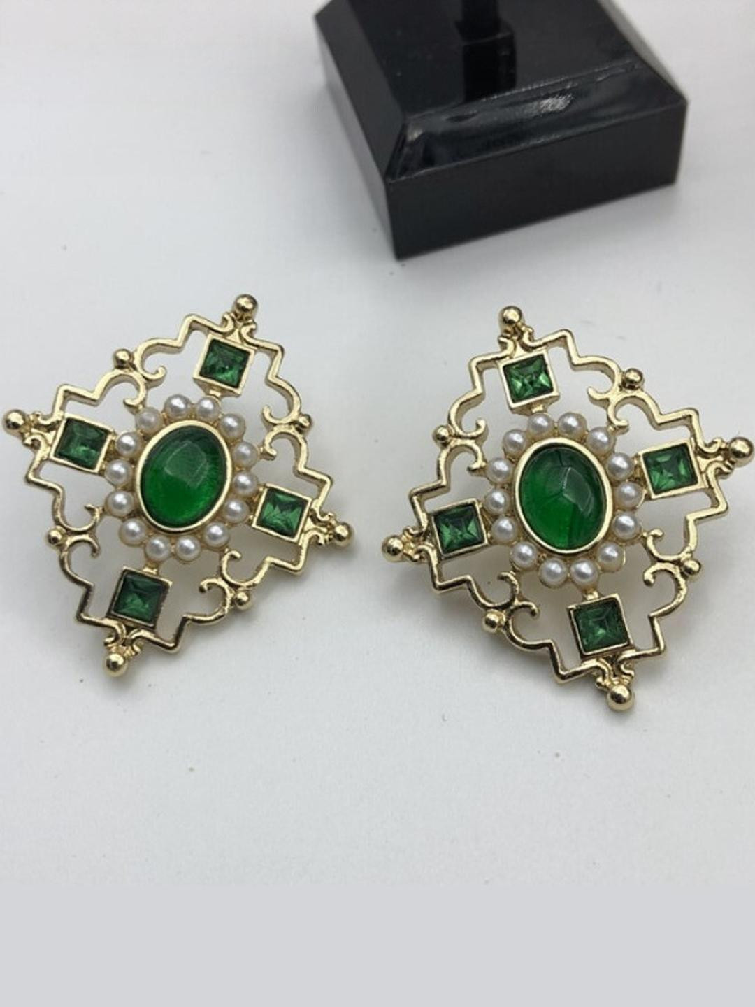 AKISON JEWELS Gold-Toned With Green Stones Statement Studs