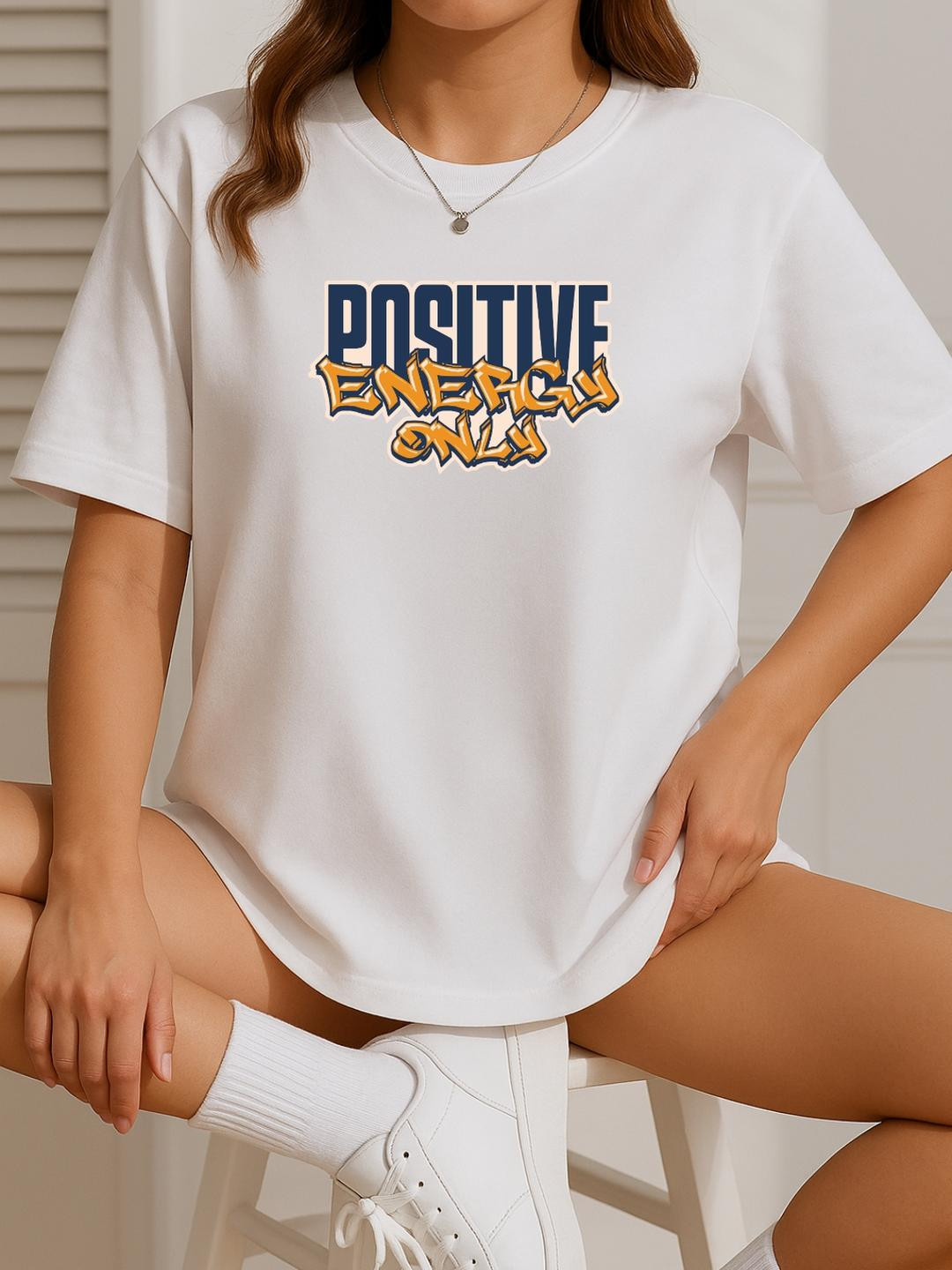 Women White Positive Energy Typography Oversized T-Shirt