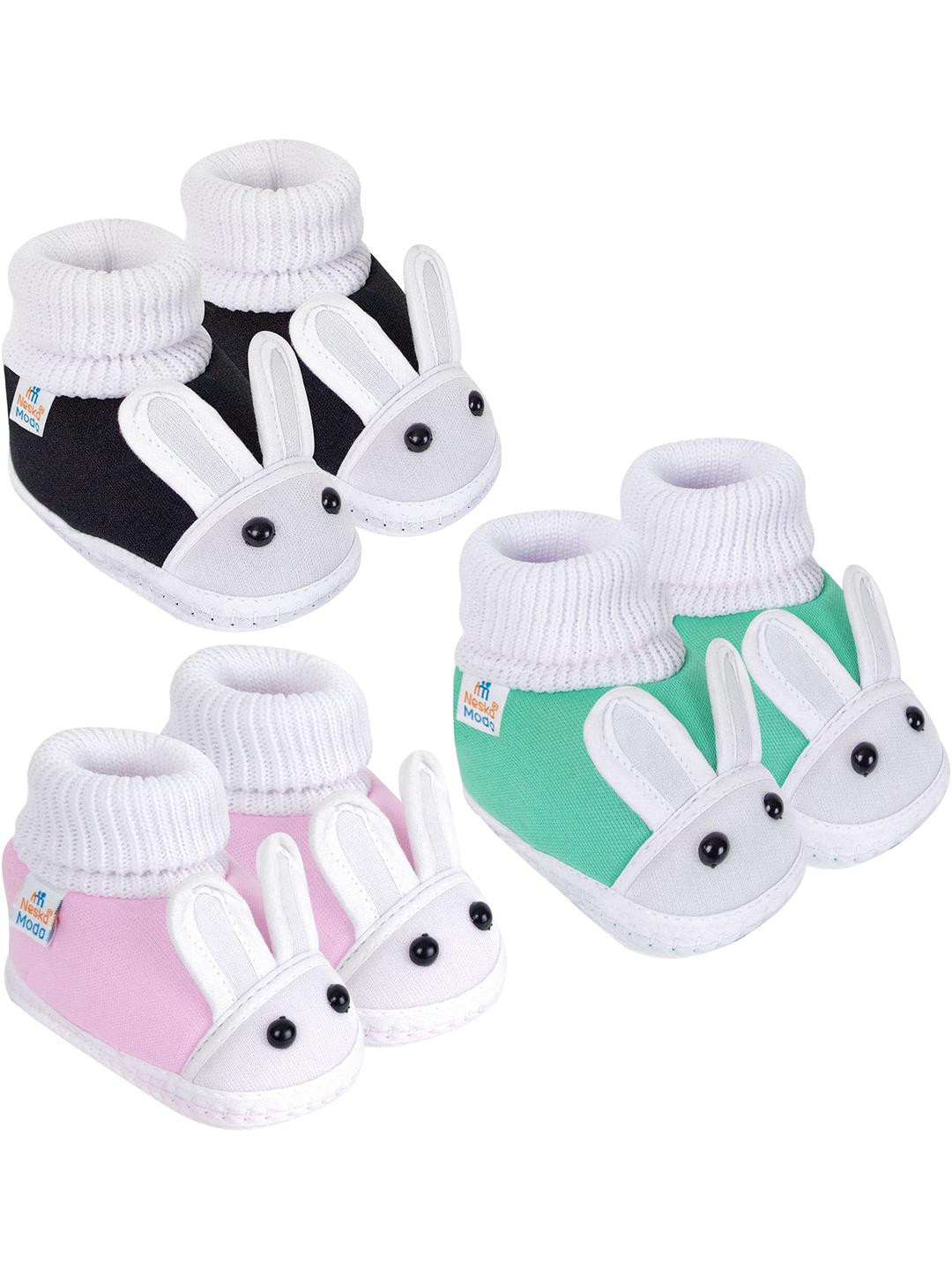 Neska Moda 0 To 6 Month Newborn Baby Boy & Girls 3 Pair Set Soft Cotton Rabbit Slip On Baby Booties (Toe to Heel Length - 10 cm, Black, Baby Pink, Light Green)