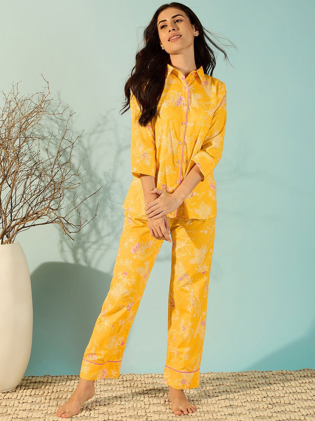 The Kaftan Company Tropical Printed Spread Collar Pure Cotton Shirt With Pyjama