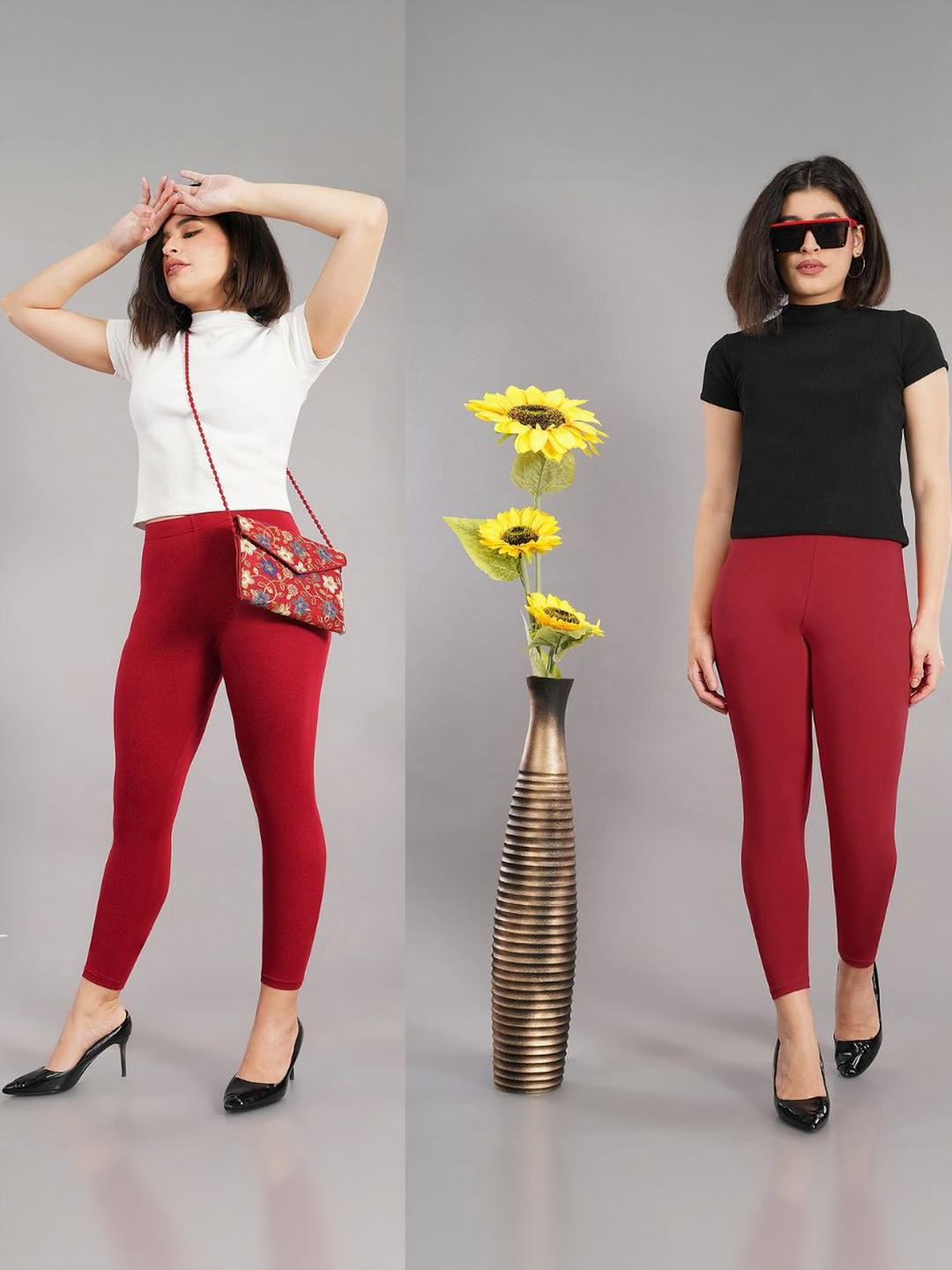 Avaasa Buy Shruthi Pack of 2 Red And Maroon Viscose Rayon Ankle Length Leggings