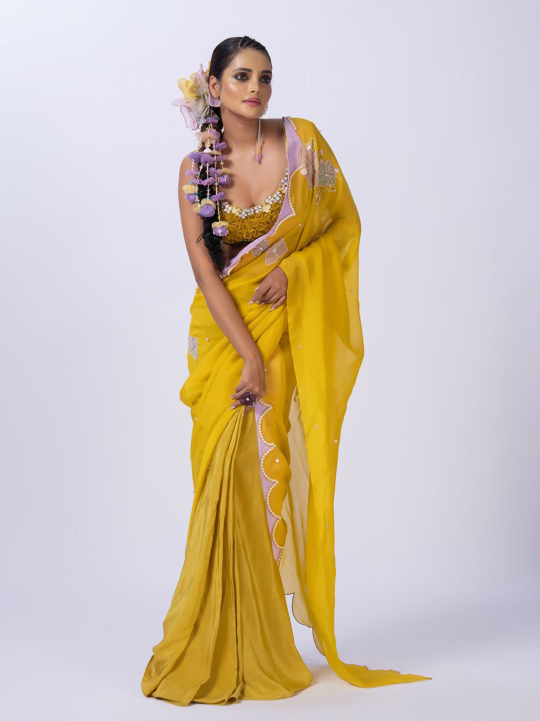 MERGE DESIGN Embellished Embroidered Beads and Stones Pure Chiffon Saree