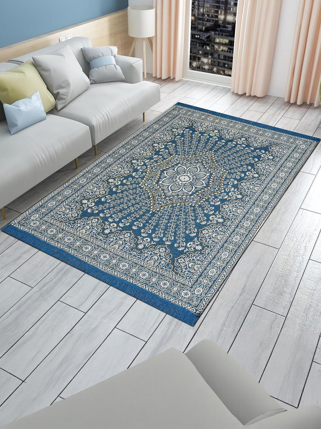 Furnishing Hut Blue & White Floral Printed Non-Slip & Durable Cotton Carpet