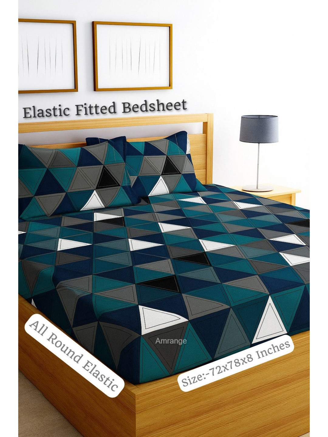 AMRANGE Gray & Blue Printed Fitted Microfiber 210 TC Double King Bedsheet Set 1.8m x 1.9m