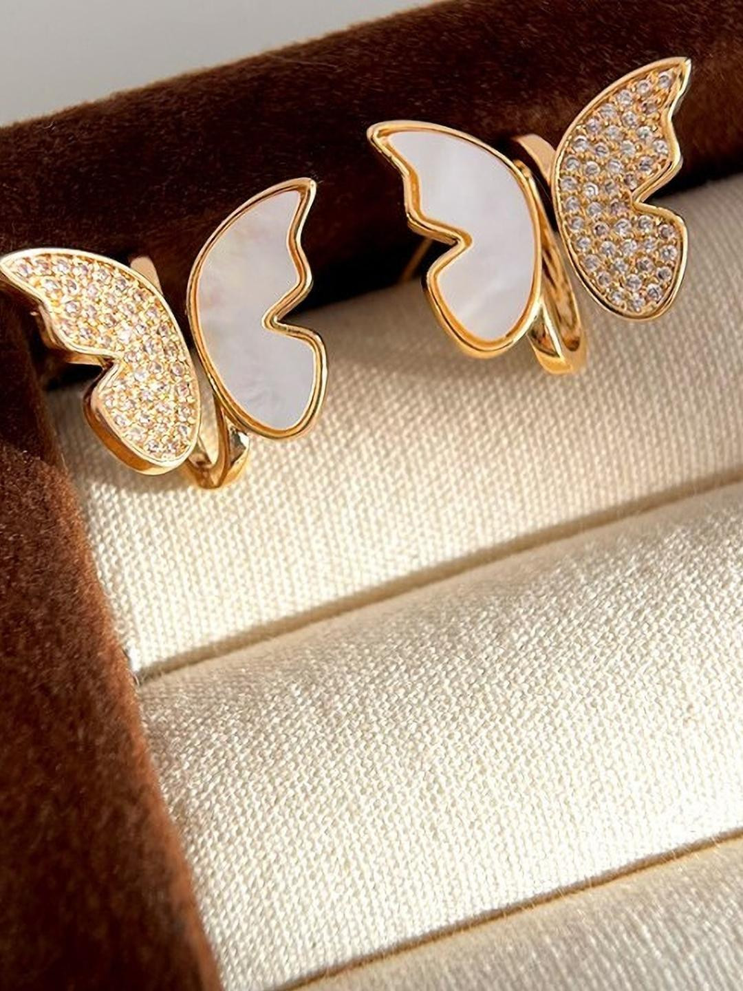 AKISON JEWELS Women White Gold Toned Butterfly Crystals Earrings