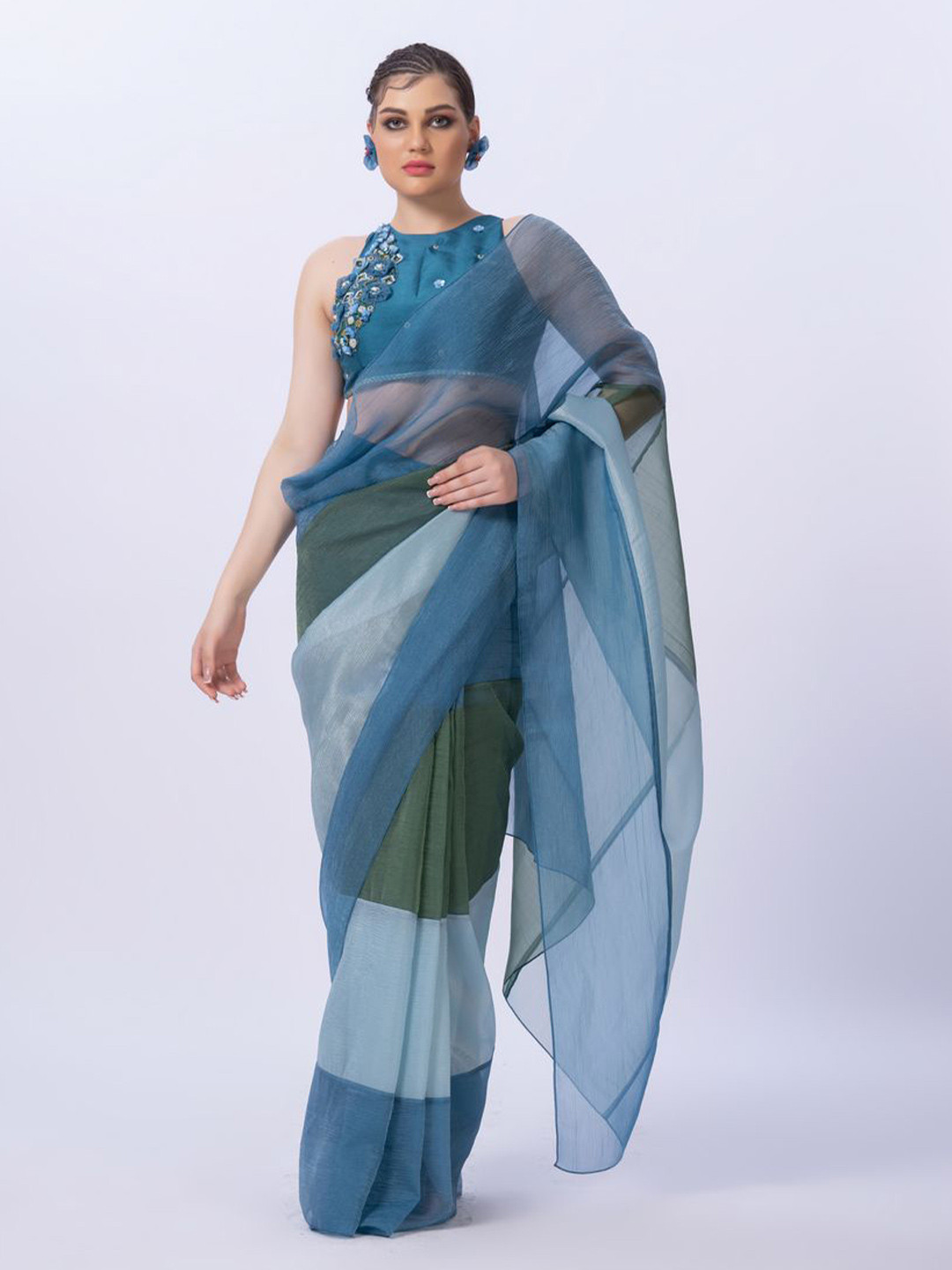 MERGE DESIGN Colourblocked Pure Chiffon Saree with Stitched Blouse