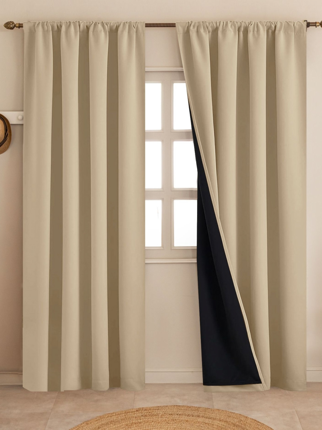 HOMEMONDE Beige 2 Pieces Blackout Door Rod Pocket Curtains