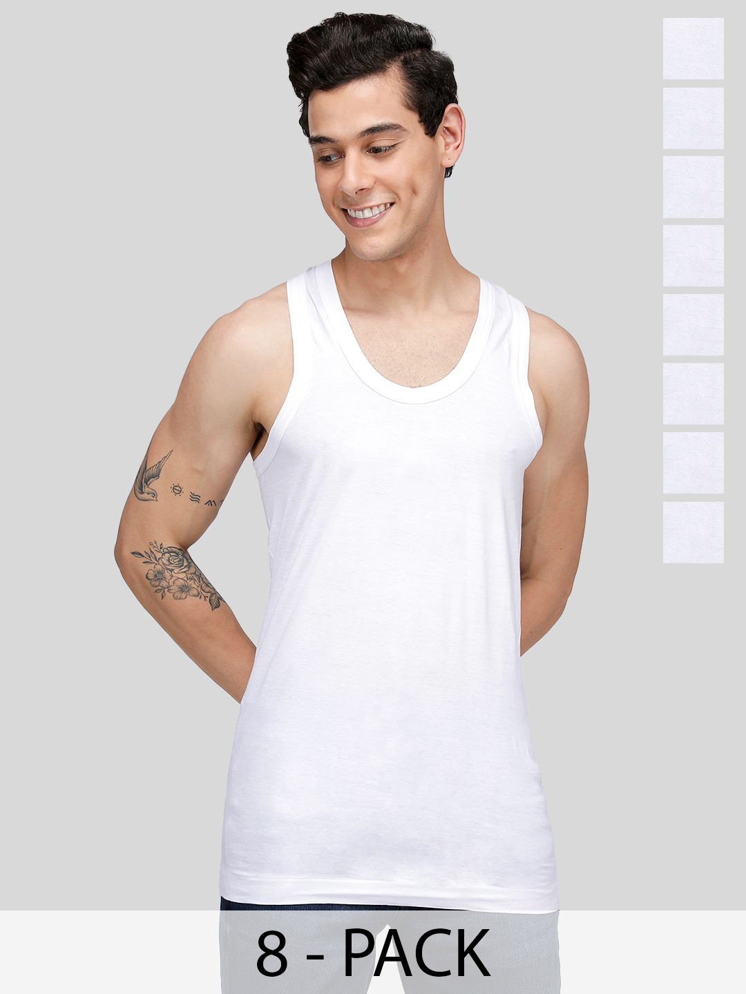 MACHO Pack Of 8 Pure Cotton Undershirt Vests ASI001BRN2P-WHT-8PC