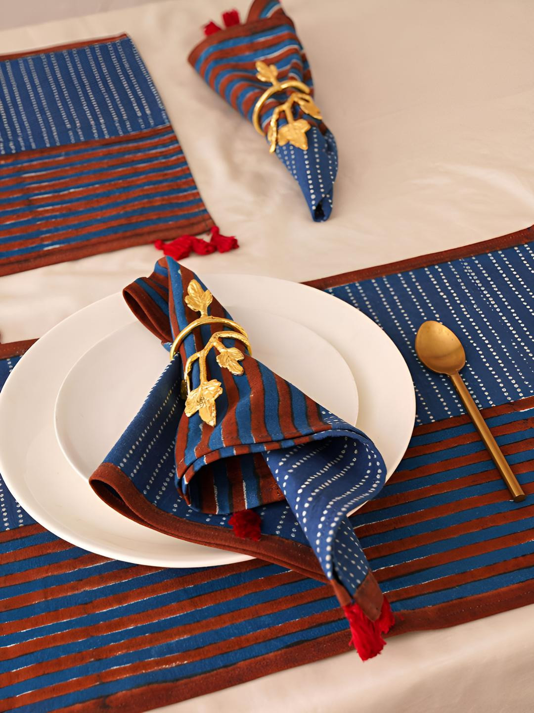 JAYPORE 4-Pcs Blue & Red Striped Cotton Rectangle Table Placemats
