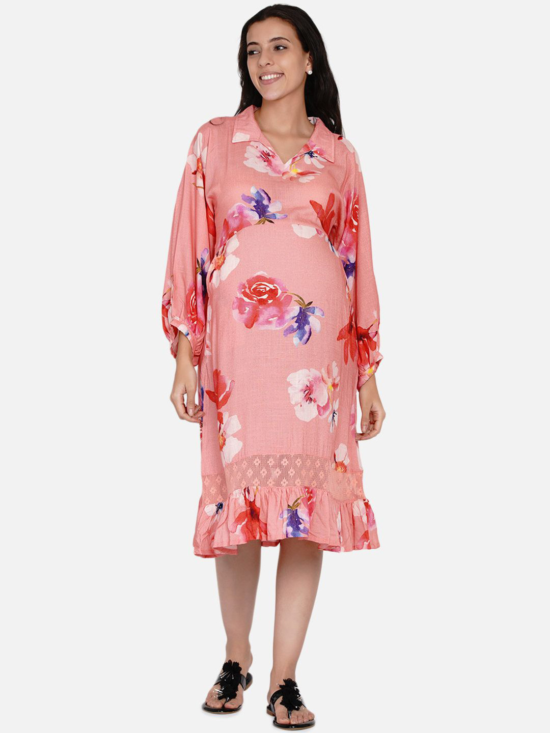The Kaftan Company Floral Print Flared Sleeve Ruffled Maternity A-Line Midi Dress