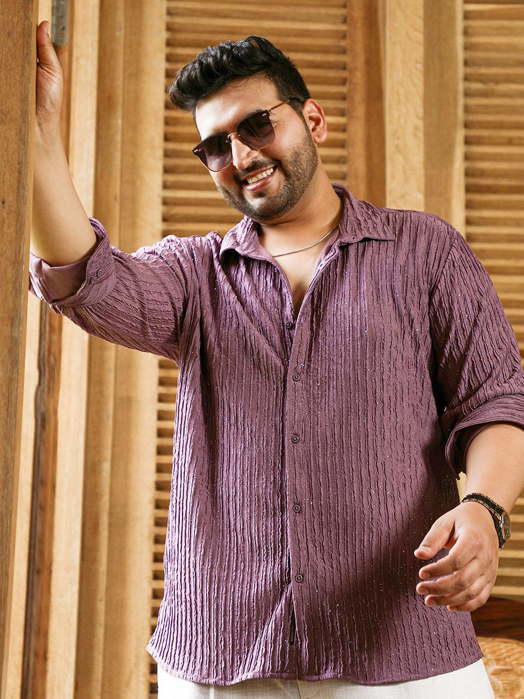 Instafab Plus Plus Size Comfort Self Design Trough-Crease Spread Collar Crepe Shirt