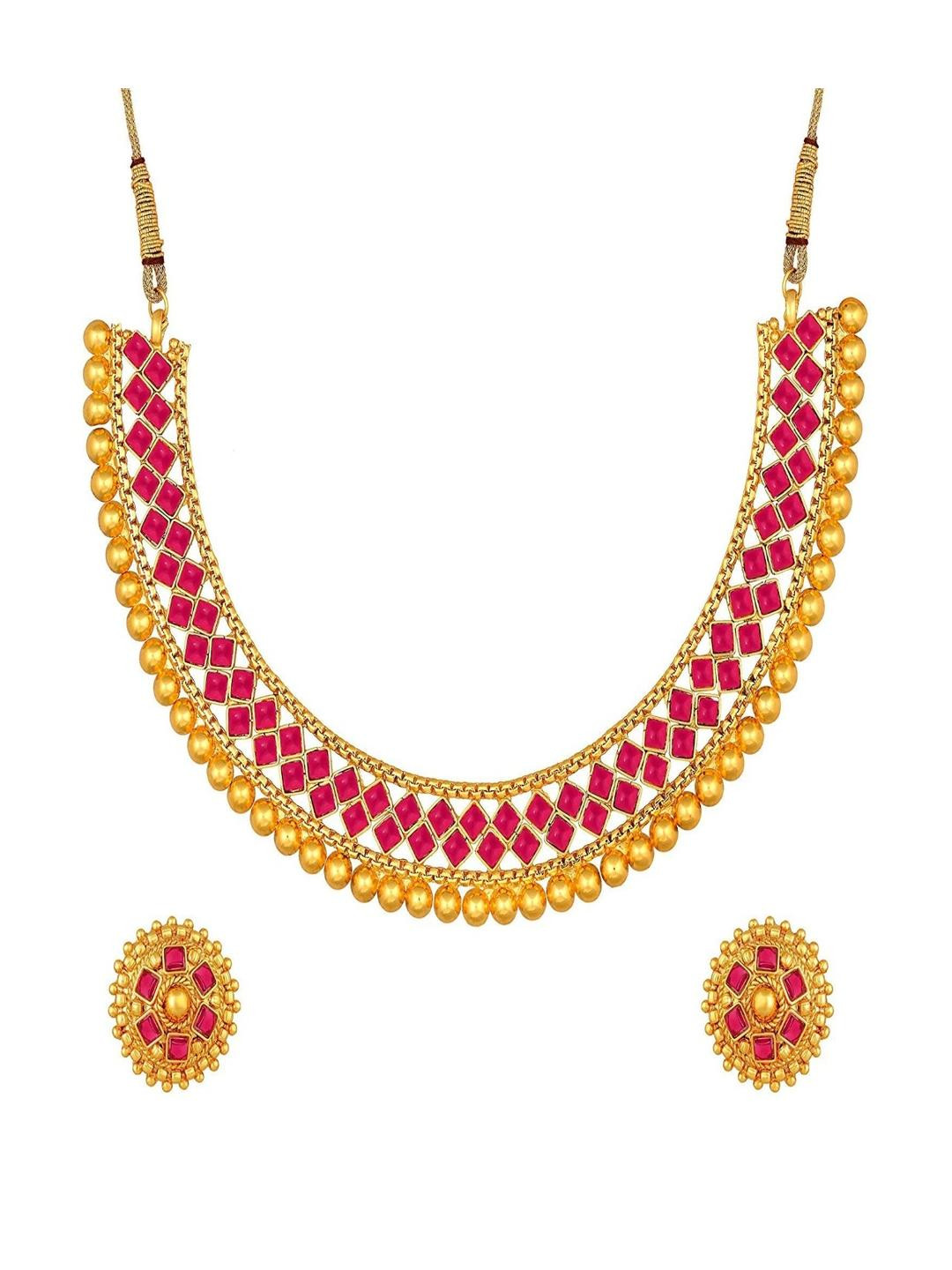 KRISHIKA JWELLERY Red Artificial Stone Studded Brass Jewellery Set
