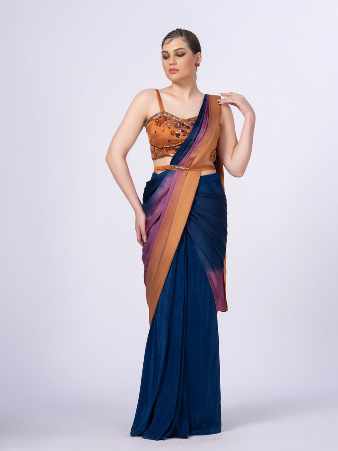 MERGE DESIGN Ombre Effect Satin Pre-stitched Saree