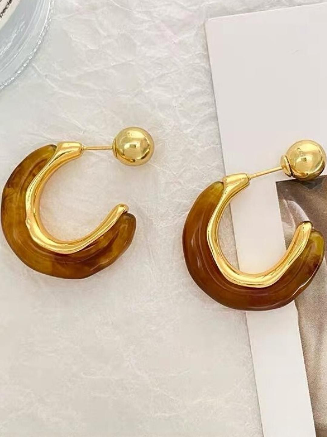 AKISON JEWELS Women Gold-Plated Brown Tigers Eye Circular Casual Wear Half Hoop Earrings