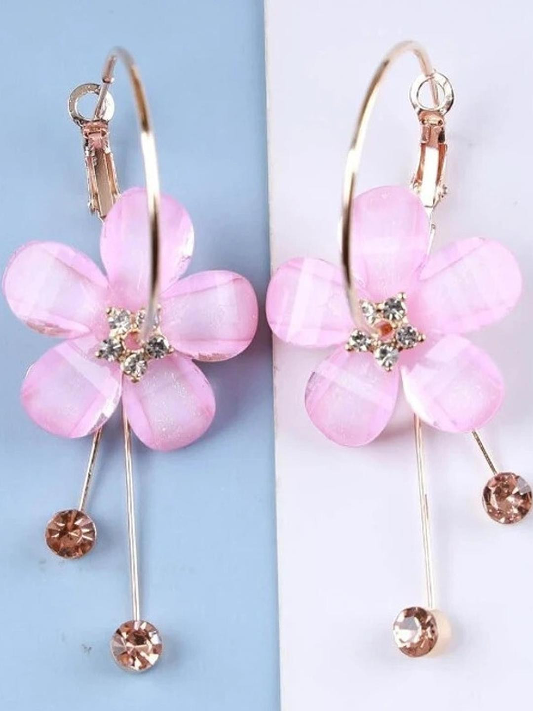 AKISON JEWELS Women Pink Crystals Floral Gold Tone Casual Hoop Earrings