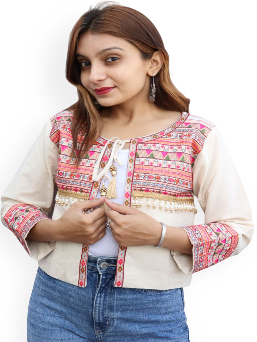 Prijam Women Collarless Self Design Ethnic Open Front Jacket