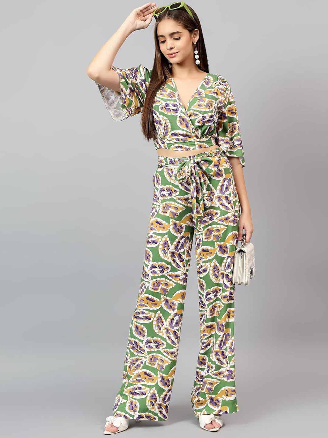 Stylecast X Kotty Printed V-Neck Three Fourth Sleeve Top With Trouser Co-Ords