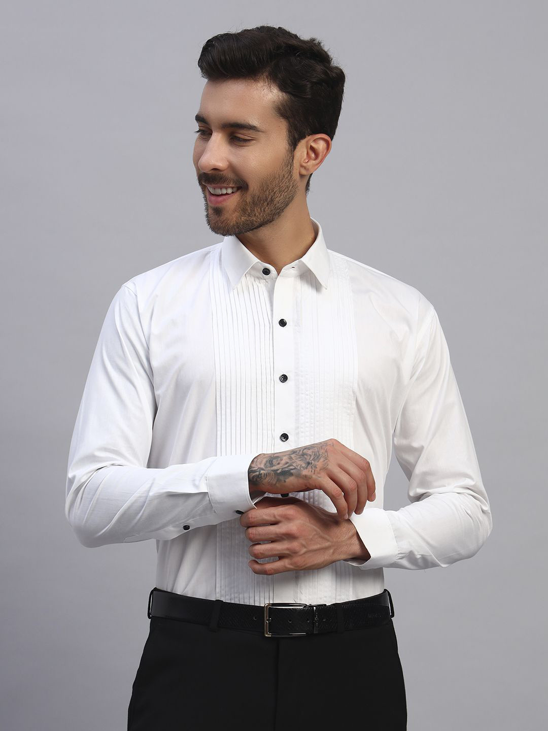 RARE CAMEL Slim Fit Pintucked Spread Collar Long Sleeves Party Tuxedo Shirt