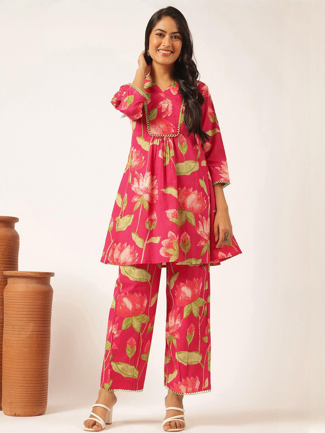KALINI Women's Pink Floral Printed Flared Cotton Co-Ord Set