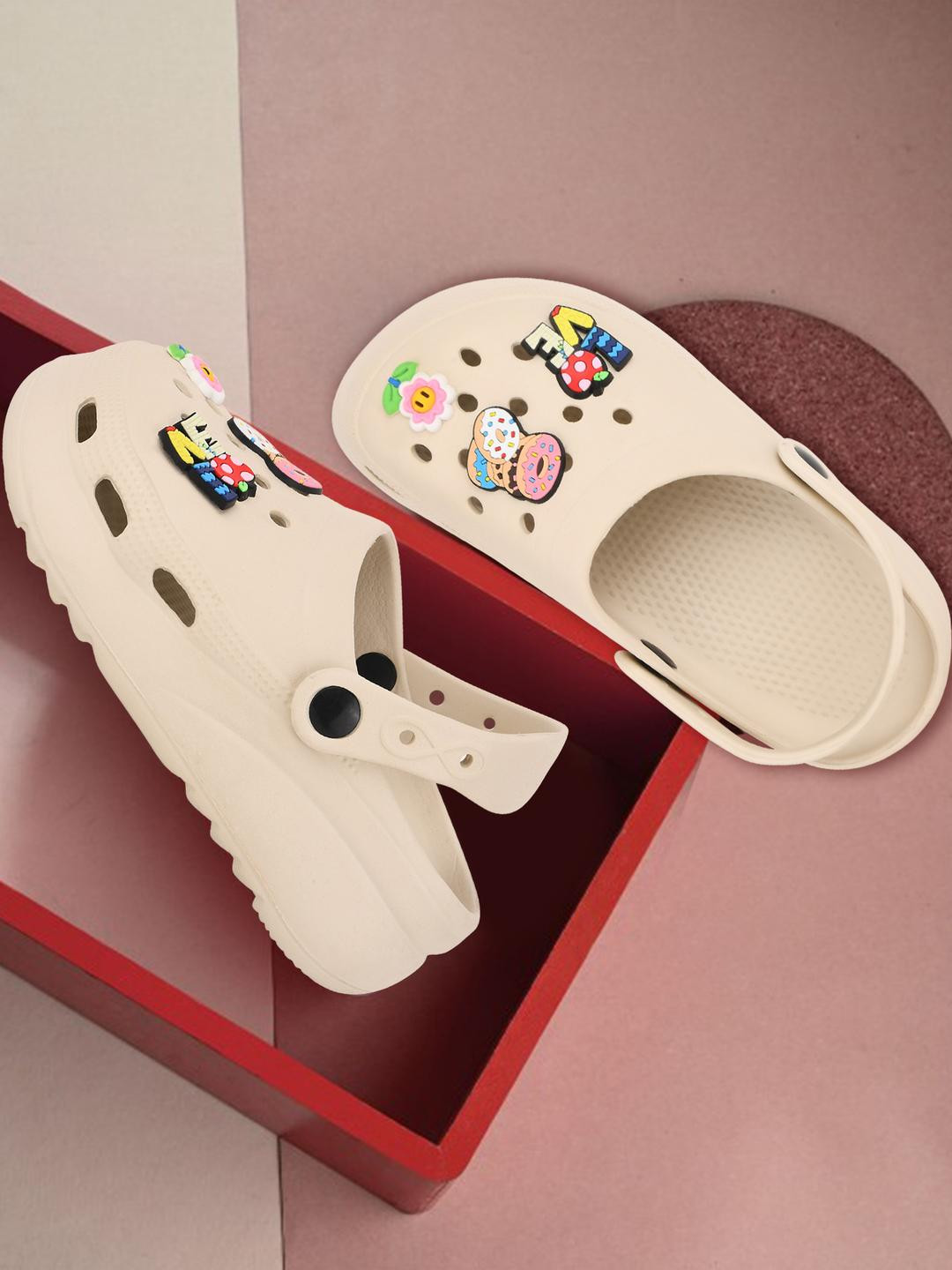 GOKIK Women Beige Clogs with Cute Cartoon Charms