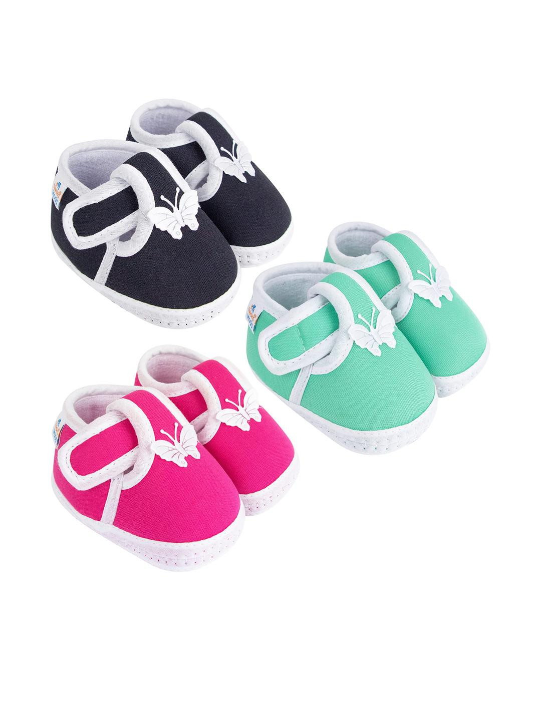 Neska Moda 0 To 12 Months Baby Boys & Baby Girls 3 Pair Combo Soft Cotton Butterfly Velcro Booties (Toe to Heel Length - 12 cm, Black, Pink, Light Green)