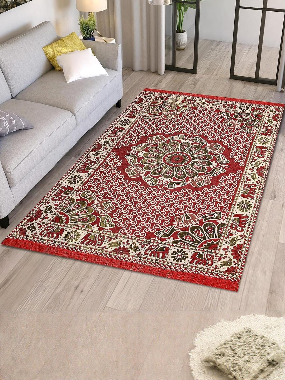 Furnishing Hut Red Floral Anti-Skid Cotton Carpet