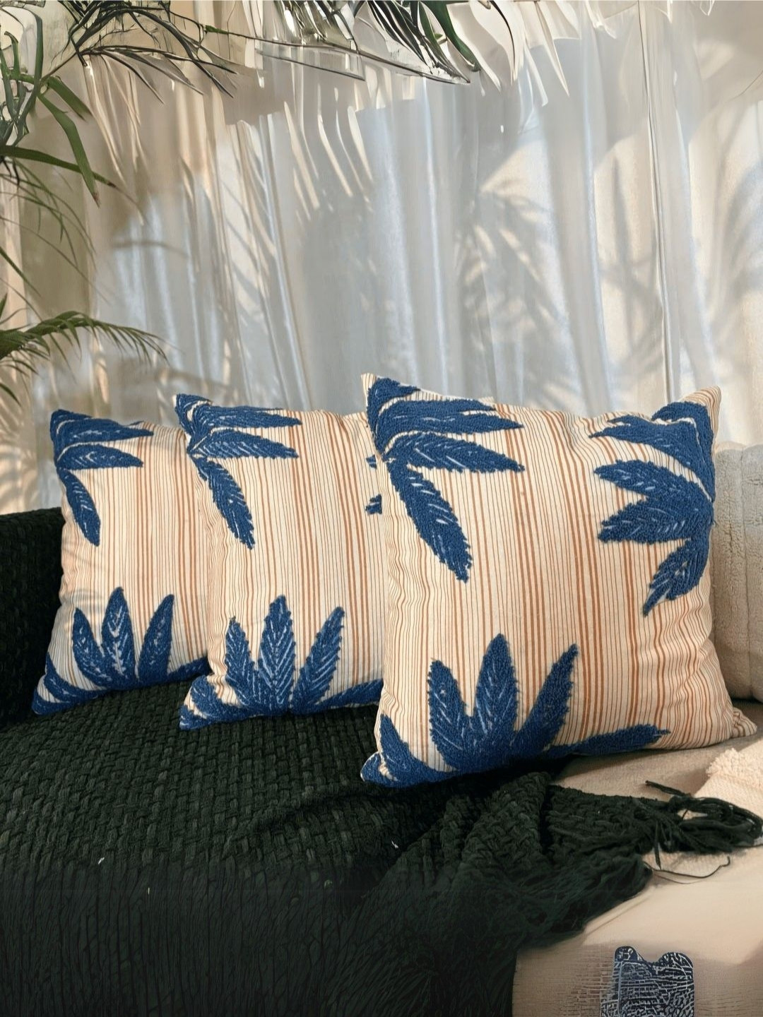 LUSHLYF Tropical Whisper Rust 3 Pieces Embroidered Printed Cotton Square Cushion Covers
